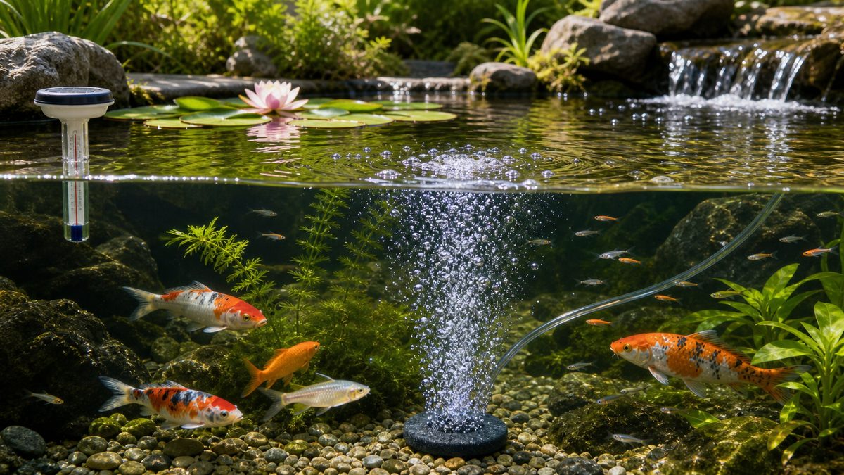 庭池にエアレーションが必要な理由の要点をまとめた淡水魚飼育インフォグラフィック