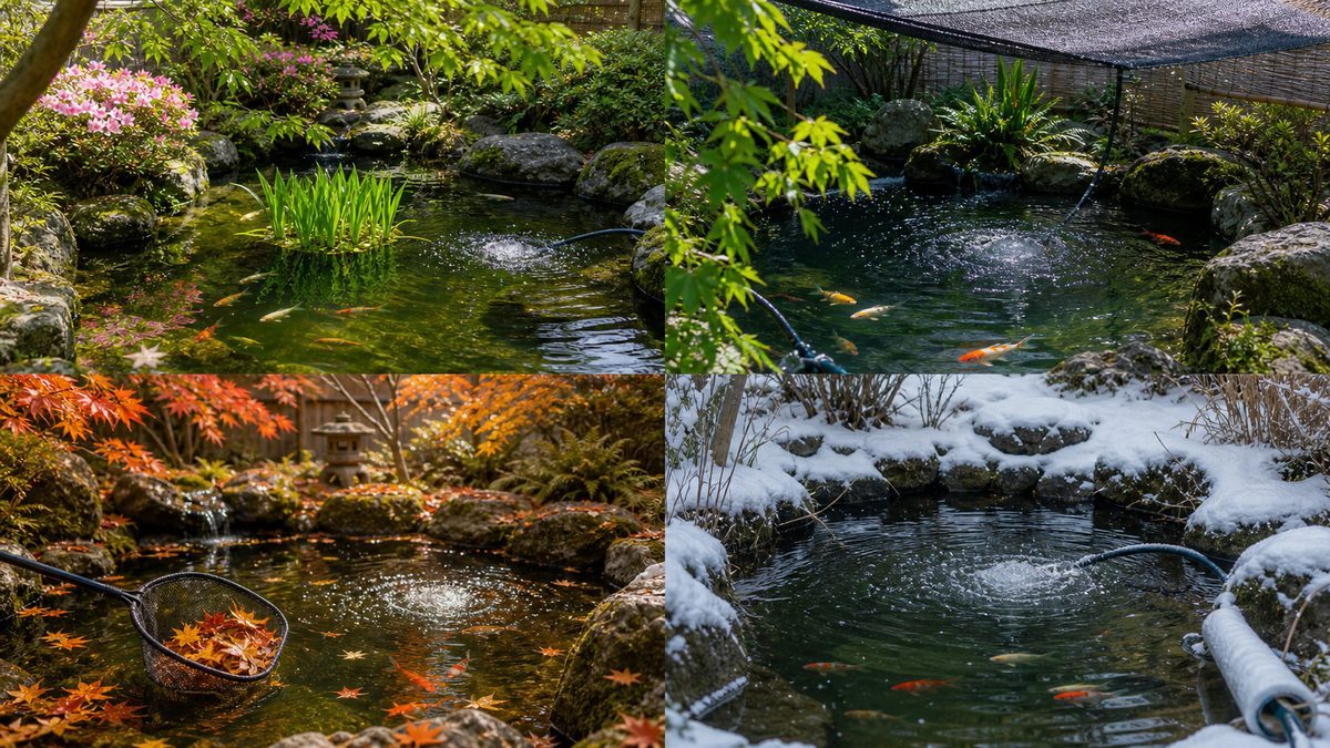 季節別エアレーション管理ガイドの要点をまとめた淡水魚飼育インフォグラフィック