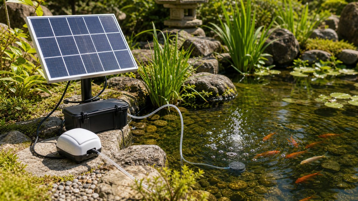 ソーラーエアポンプの活用術と注意点の要点をまとめた淡水魚飼育インフォグラフィック