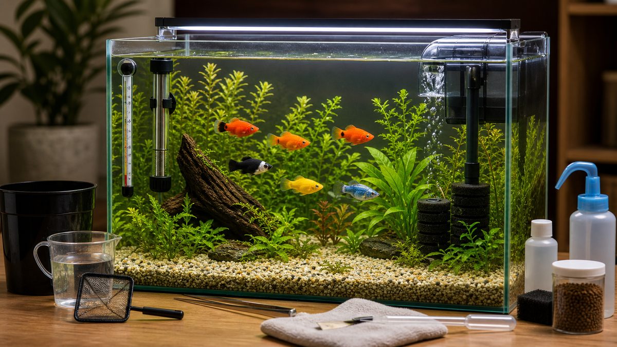 プラティの飼育に必要な機材の要点をまとめた淡水魚飼育インフォグラフィック