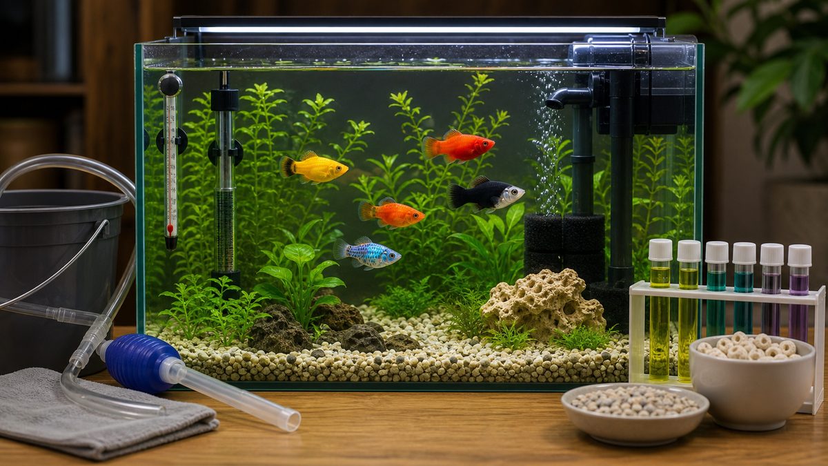 水質・水温の管理(アルカリ性〜中性)の要点をまとめた淡水魚飼育インフォグラフィック