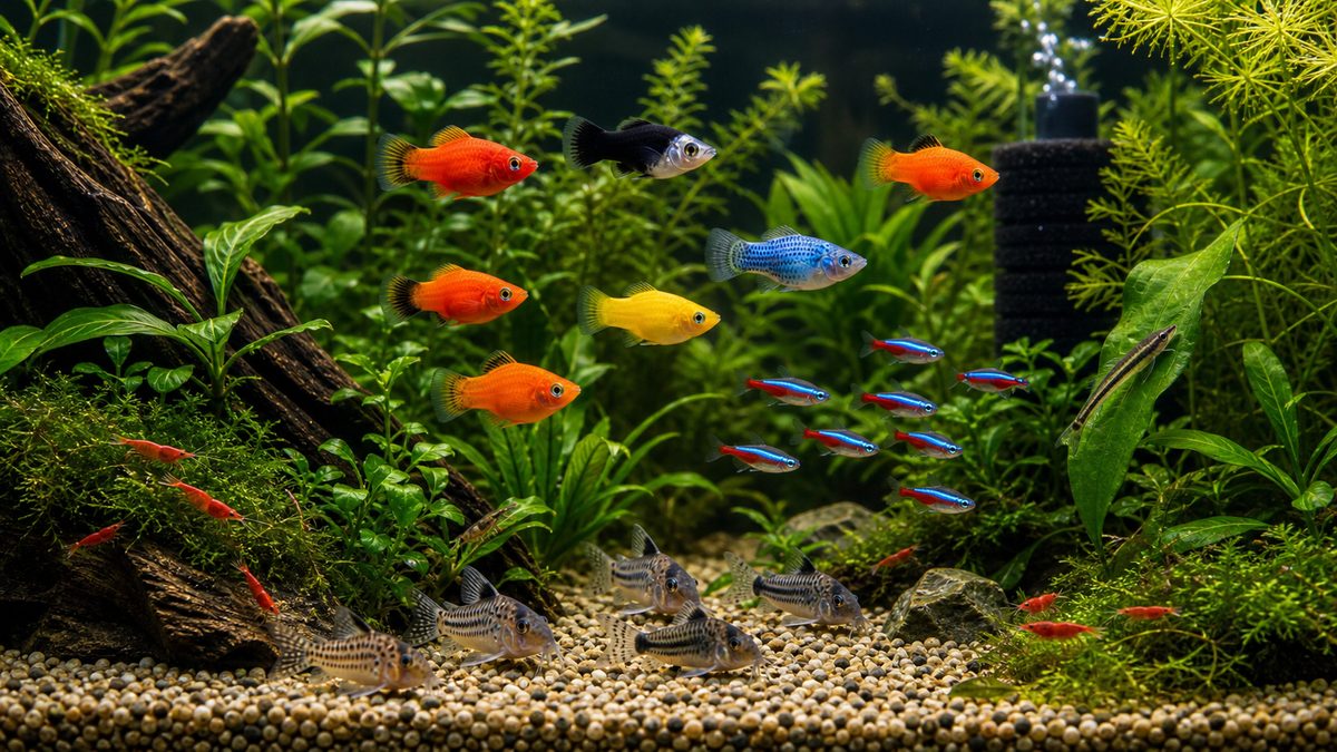 混泳についての要点をまとめた淡水魚飼育インフォグラフィック
