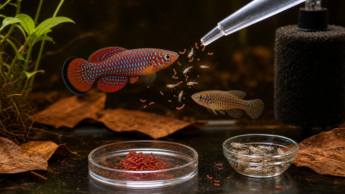 餌の与え方|生き餌・冷凍餌・人工飼料の使い分けの要点をまとめた淡水魚飼育インフォグラフィック