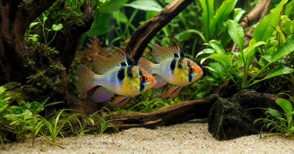 水草水槽でペアのラミレジィが泳ぐアイキャッチ画像