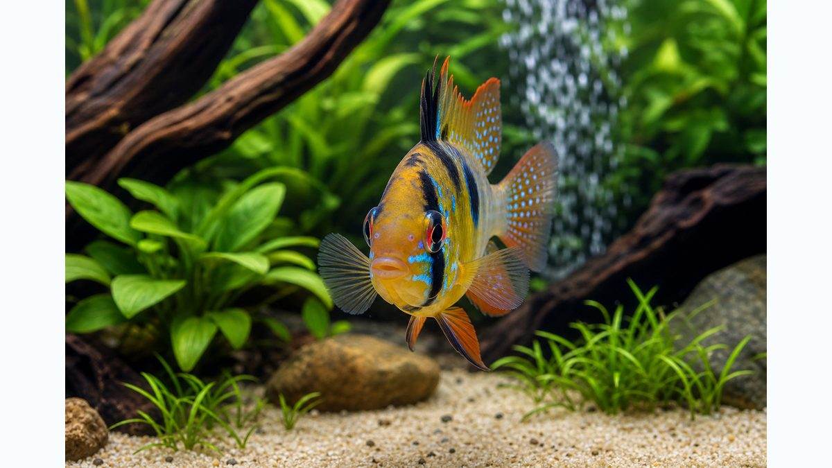 発色したラミレジィが水草水槽で泳ぐ飼育導入画像