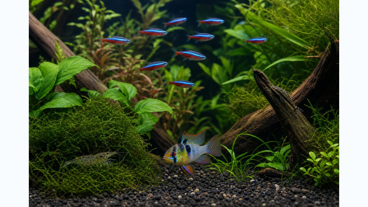 小型魚とラミレジィが混泳する水草水槽画像