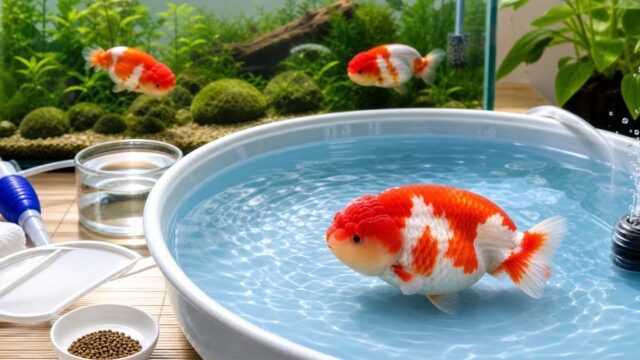 浅い容器で泳ぐ赤白らんちゅうと飼育道具のアイキャッチ画像