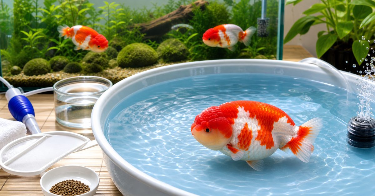浅い容器で泳ぐ赤白らんちゅうと飼育道具のアイキャッチ画像