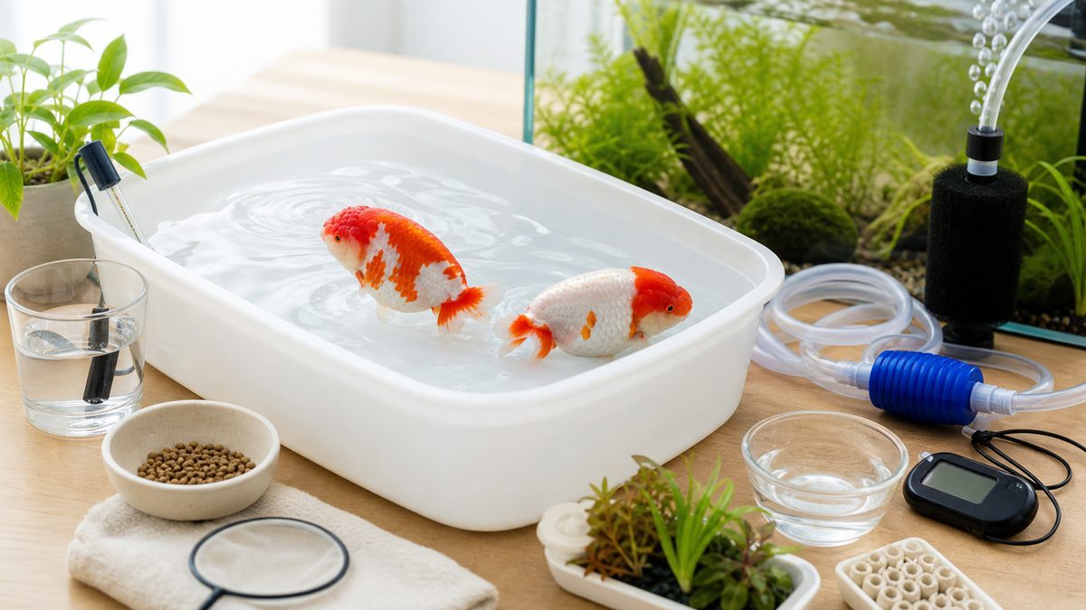らんちゅう飼育に必要な容器・餌・水換え道具をまとめた画像