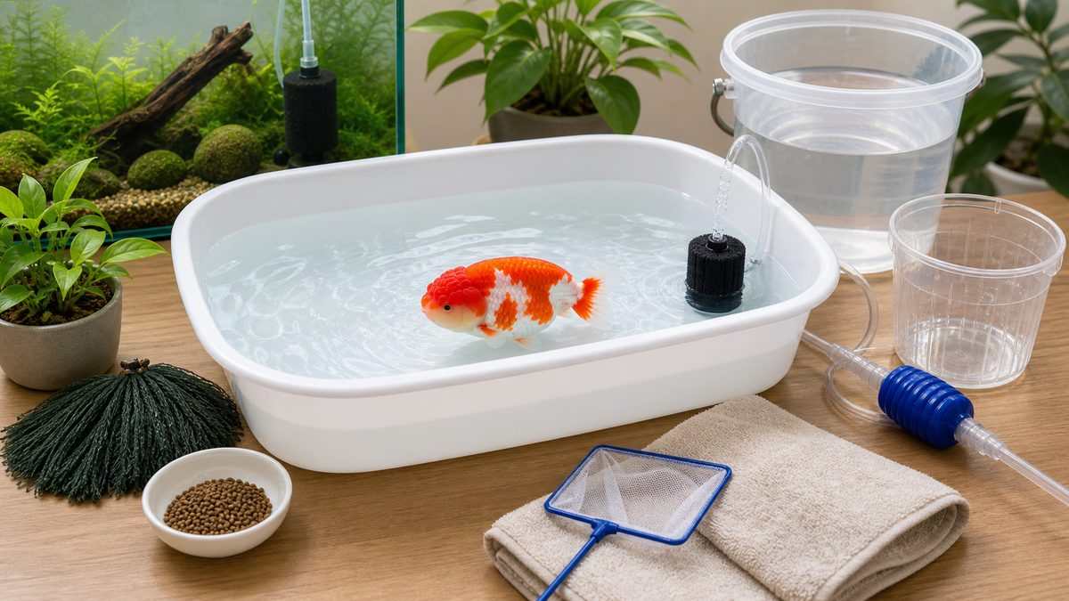FAQで多い餌・水換え・隔離・繁殖道具を並べたらんちゅう画像