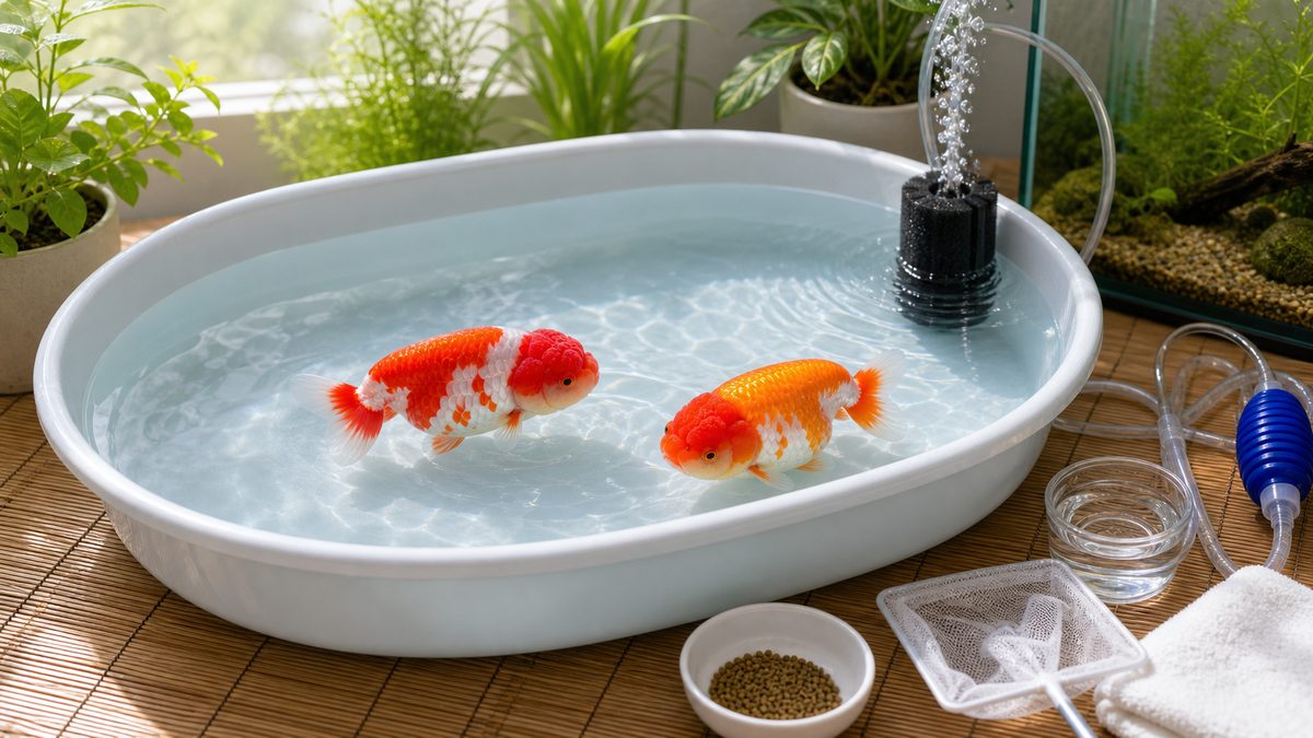 安定した浅い容器で健康ならんちゅうが泳ぐまとめ画像