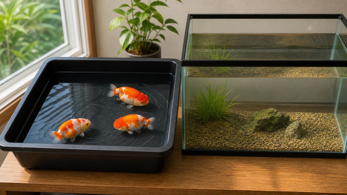 プラ舟とガラス水槽を並べたらんちゅう飼育容器比較画像