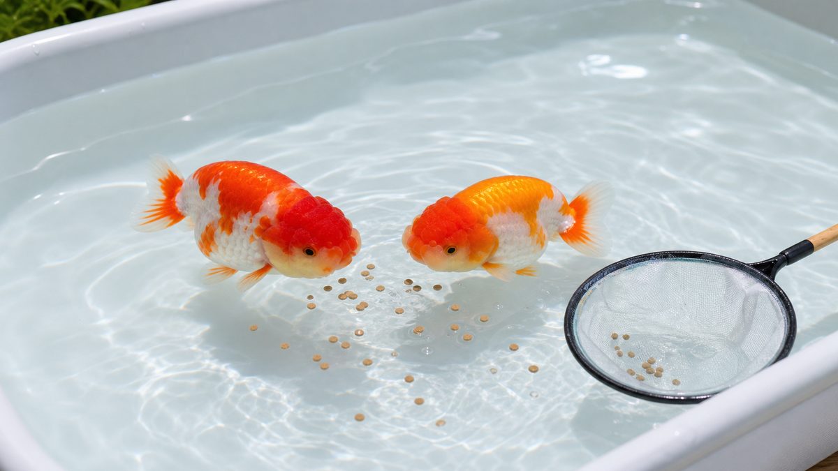 少量の餌を与える赤白らんちゅうと残餌用ネット画像