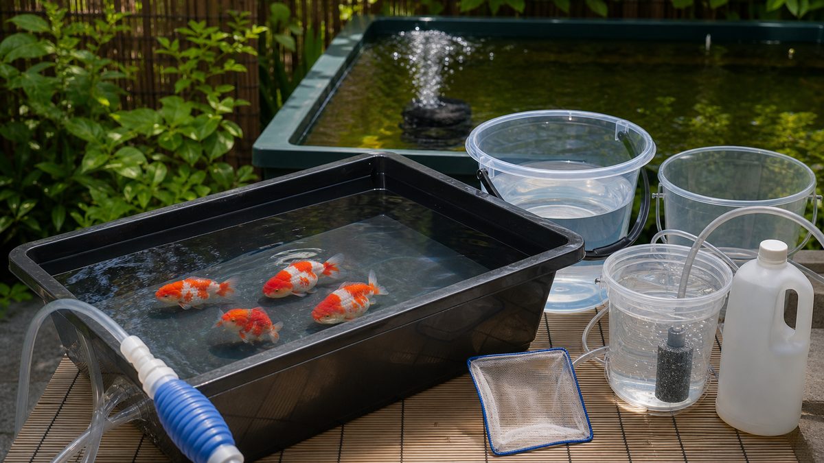 水換え道具と浅い飼育容器で管理するらんちゅう画像