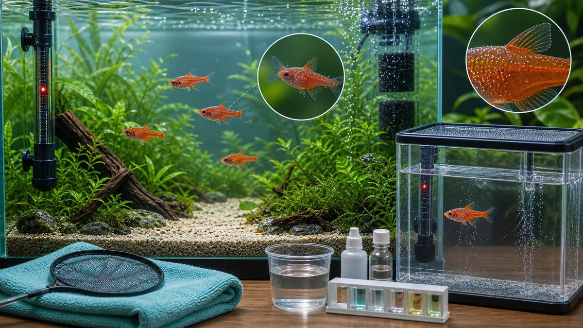 4,レッドテトラがかかりやすい病気と治療方法についての要点をまとめた淡水魚飼育インフォグラフィック
