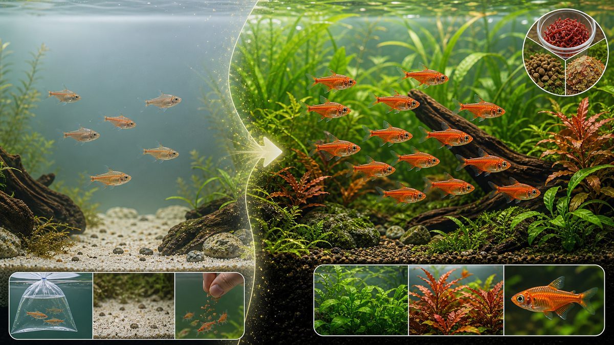 5,レッドテトラの色揚げについての要点をまとめた淡水魚飼育インフォグラフィック