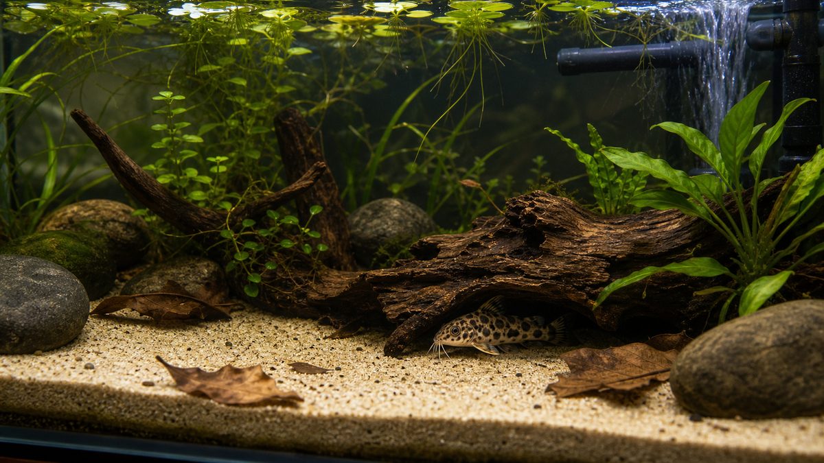 レオパードタティアの飼い方の要点をまとめた淡水魚飼育インフォグラフィック