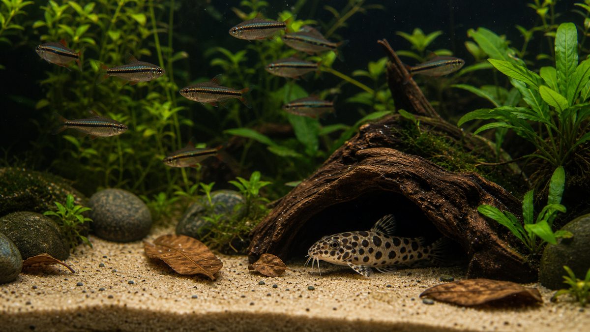 混泳の注意点の要点をまとめた淡水魚飼育インフォグラフィック