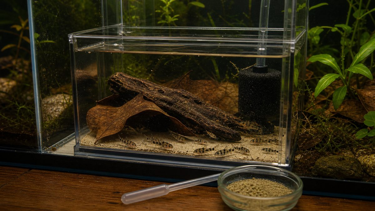 稚魚のお世話の要点をまとめた淡水魚飼育インフォグラフィック
