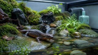 サンショウウオの飼育環境と高温対策を示すアイキャッチ画像