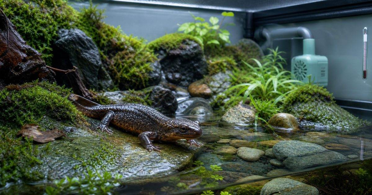 サンショウウオの飼育環境と高温対策を示すアイキャッチ画像