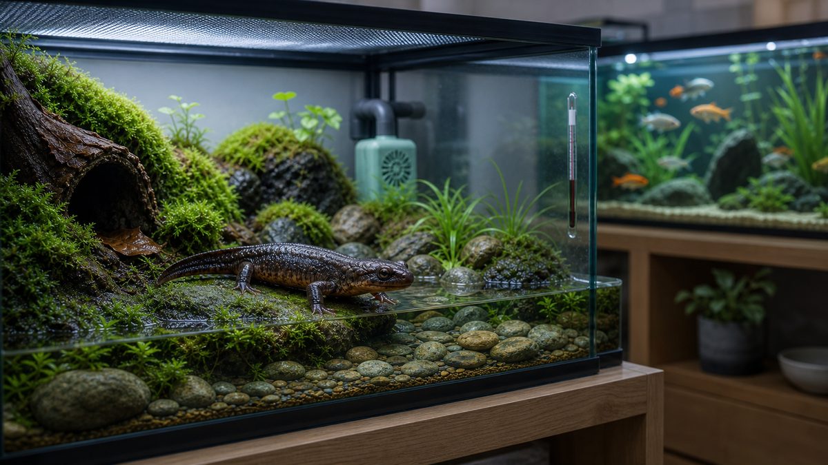 サンショウウオを単独飼育する安全な水槽環境を示す画像