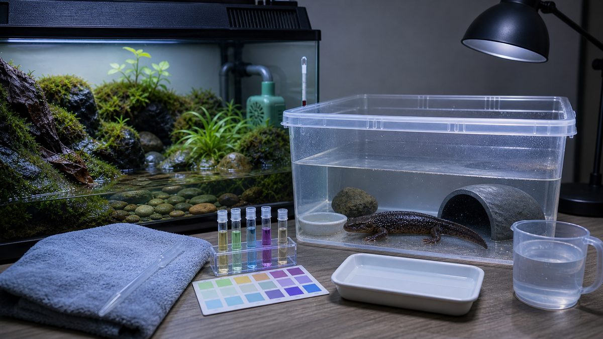 サンショウウオの不調時に隔離と水質確認を行う画像