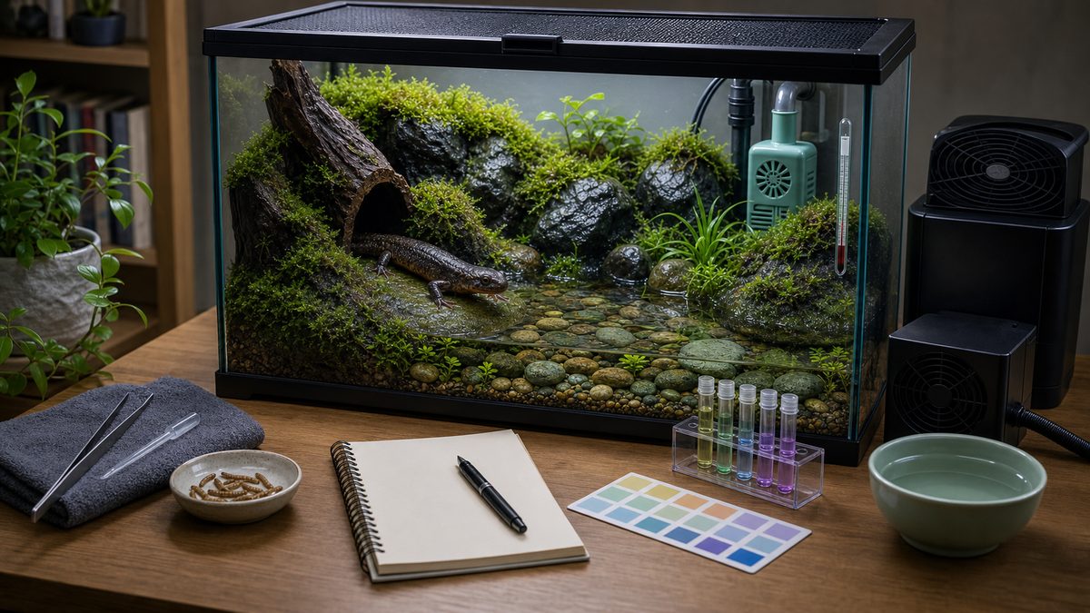 サンショウウオの長期飼育に必要な環境をまとめた画像
