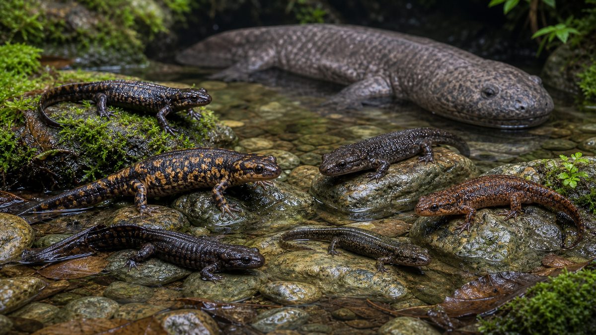 日本に生息する主なサンショウウオの種類と大きさを比較する画像