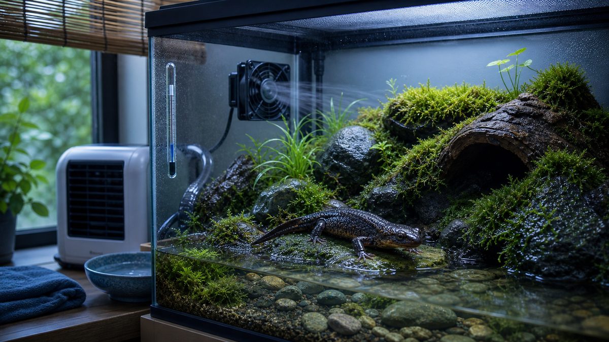 サンショウウオ水槽の水温管理と高温対策を示す画像