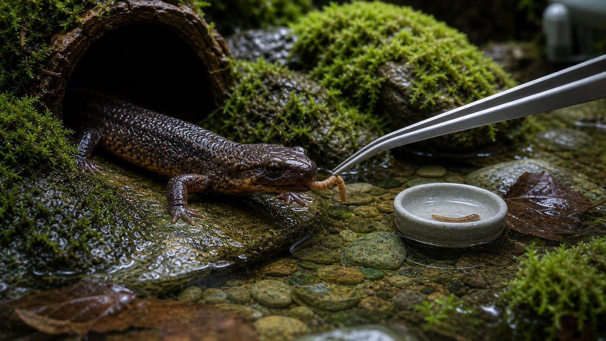 サンショウウオに適量の餌をピンセットで与える給餌画像