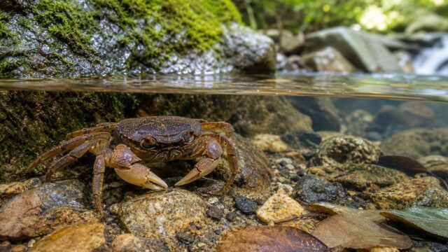 サワガニの特徴と飼育・繁殖の要点を清流とアクアテラリウムで表したアイキャッチ画像