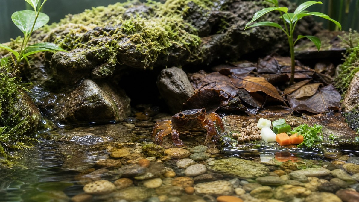 水場と陸地、隠れ家、餌場を整えたサワガニの飼育レイアウト