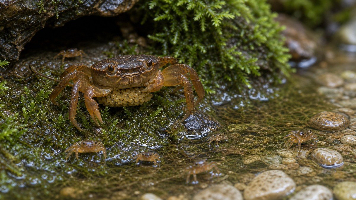 抱卵したサワガニと稚ガニで繁殖の流れを表した画像