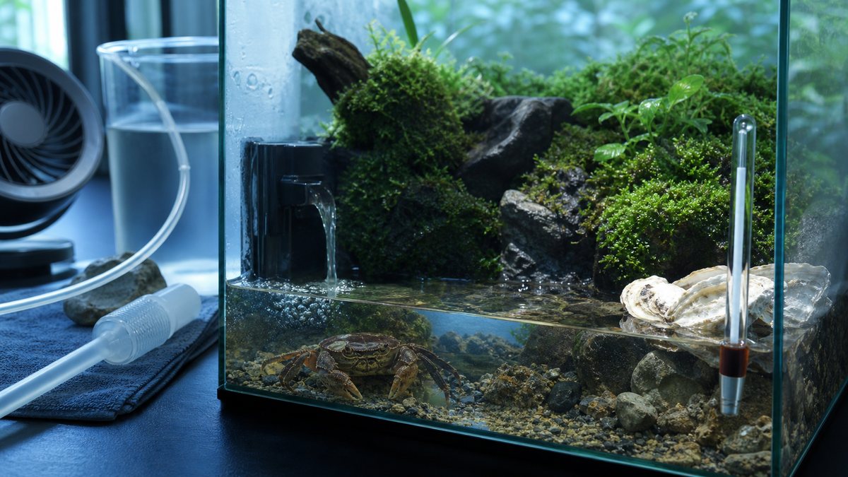 サワガニの水質と水温管理を冷却用品で示す画像