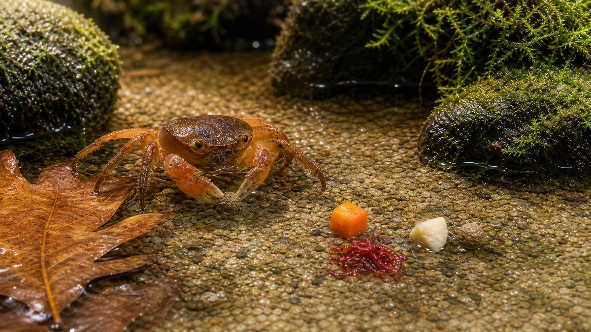 サワガニの餌の与え方と雑食性を示す画像