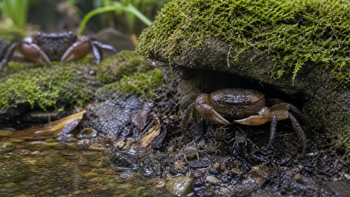 サワガニの繁殖と稚ガニが生まれる直達発生を示す画像