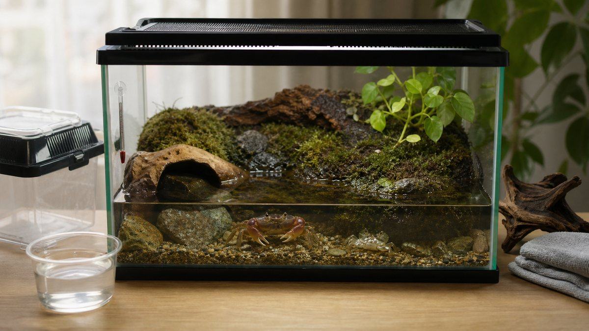 サワガニ飼育FAQの要点を水槽と管理用品でまとめた画像