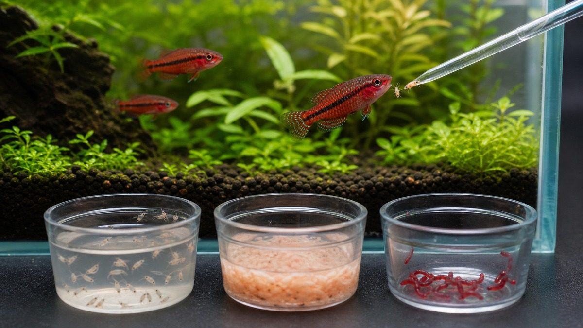 活餌から冷凍ブラインとアカムシへ移行する餌付け手順