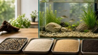 日本淡水魚水槽の底砂比較と完成水槽を示すアイキャッチ画像