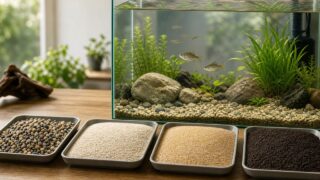 日本淡水魚水槽の底砂選び方完全ガイド｜大磯砂・田砂・川砂・ソイルの違いと魚種別おすすめを徹底解説の要点を伝える淡水魚記事アイキャッチ画像