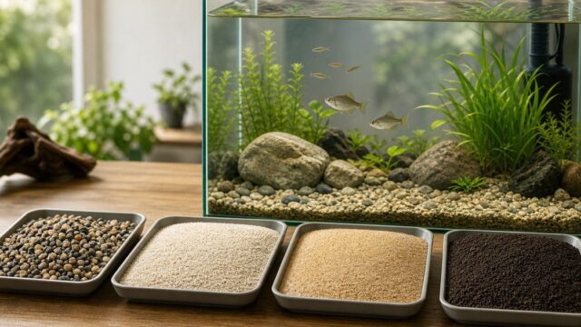 日本淡水魚水槽の底砂選び方完全ガイド｜大磯砂・田砂・川砂・ソイルの違いと魚種別おすすめを徹底解説の要点を伝える淡水魚記事アイキャッチ画像