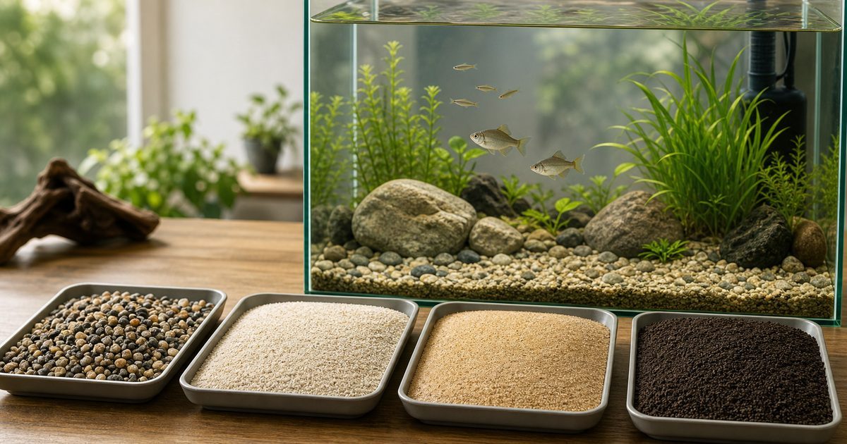 日本淡水魚水槽の底砂選び方完全ガイド｜大磯砂・田砂・川砂・ソイルの違いと魚種別おすすめを徹底解説の要点を伝える淡水魚記事アイキャッチ画像