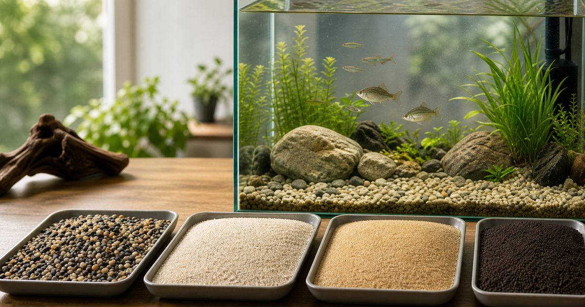 日本淡水魚水槽の底砂比較と完成水槽を示すアイキャッチ画像