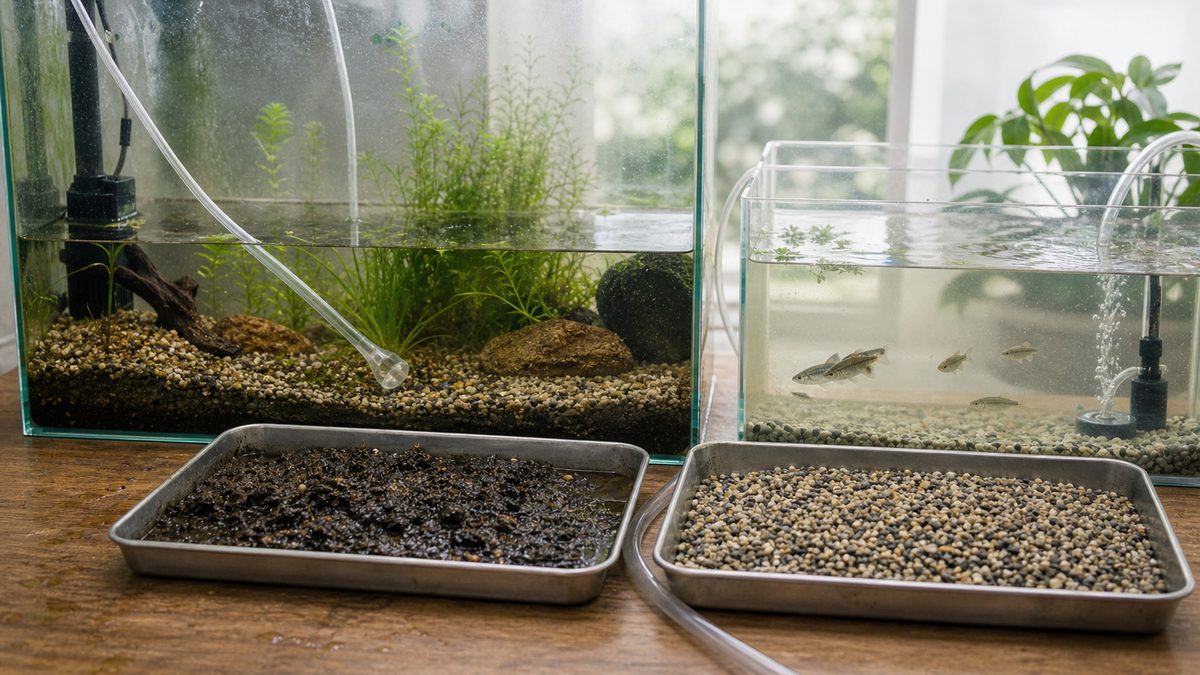 底砂交換の準備と魚の安全な一時退避を示す画像