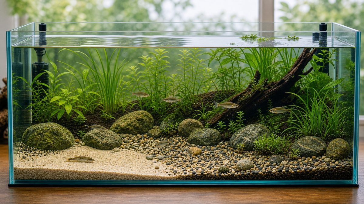 日本淡水魚に合う底砂を使った完成水槽を示す画像