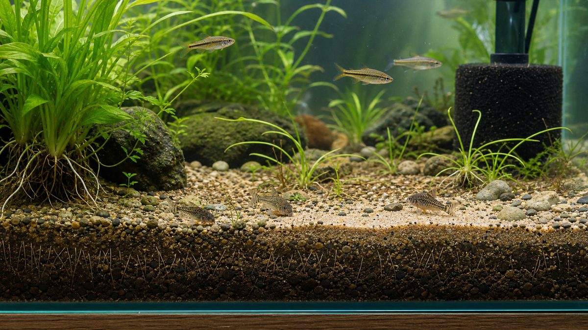 底砂が日本淡水魚の行動と水槽環境に与える影響を示す画像