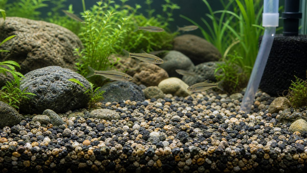 大磯砂の粒と日本淡水魚水槽での使い方を示す画像