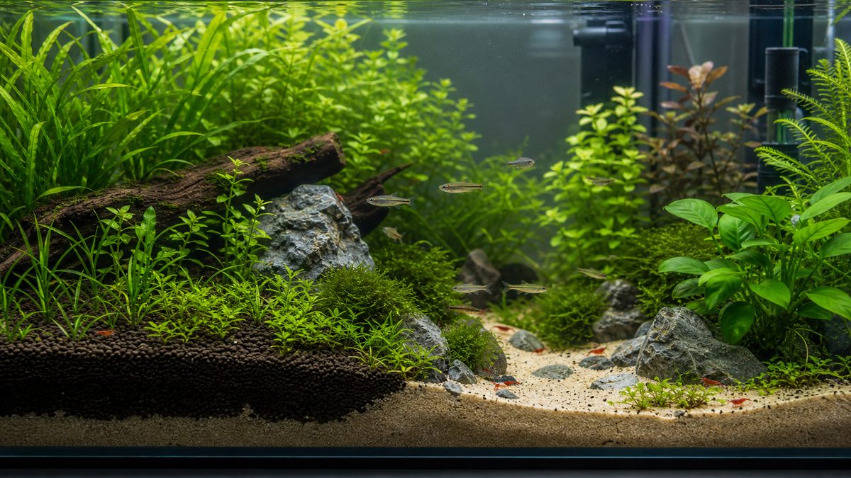 水草水槽における底砂の選び方の要点をまとめた淡水魚飼育インフォグラフィック