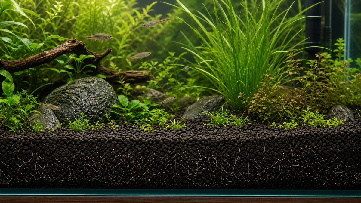 ソイルを使った水草水槽と根張りを示す画像